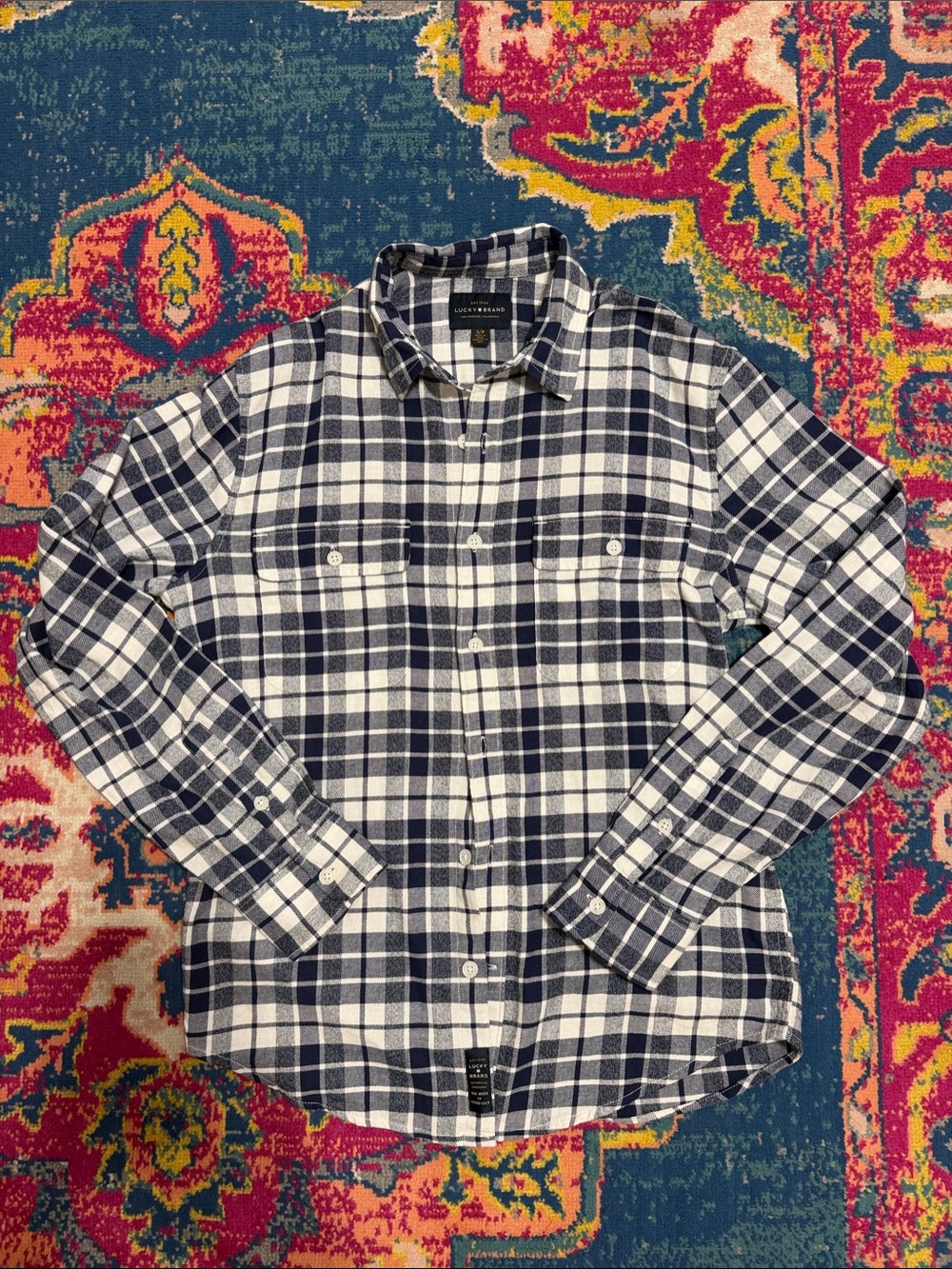 Lucky Brand Navy and White Plaid Button-Down Shirt